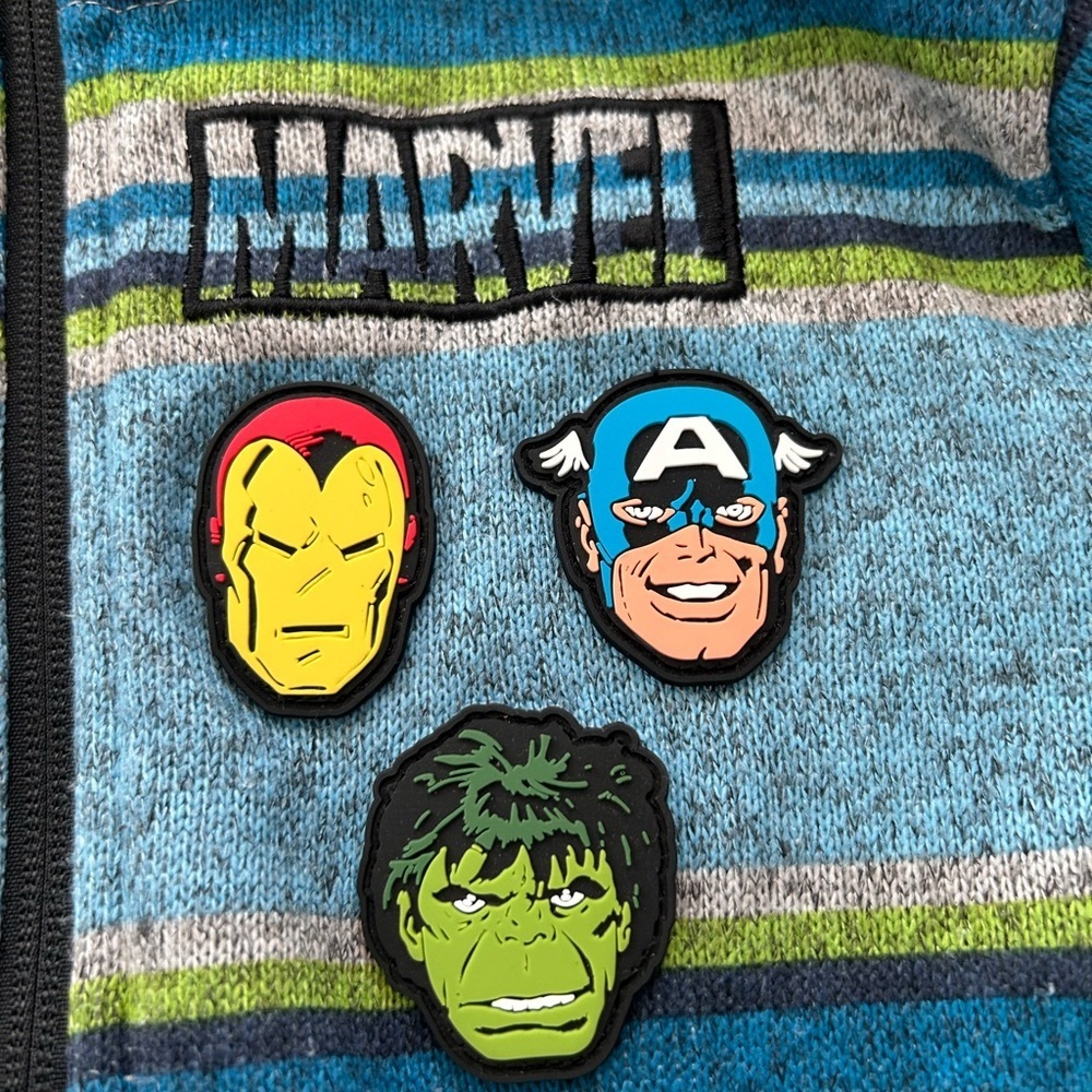 Marvel Blue and Green Striped Boys Hoodie w Three Marvel Character’s  Size 7